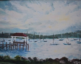 Print Of Painting Northport Harbor Dock, Long Island N.Y Comes in a 11 x 14 inch Mat and Mat Board, Ready to Be Framed