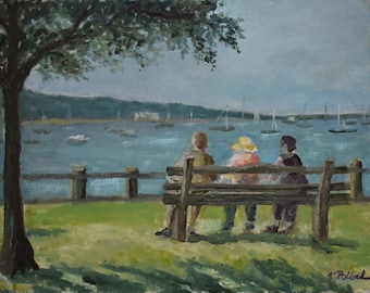 Original Oil Painting "3 Ladies on a Bench by the Harbor " 11 x 14 on Linen Canvas Board Comes Unframed or Framed