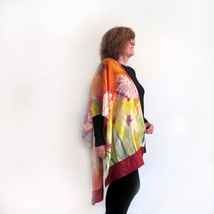 Silk Shawl, Or Wall Hanging,Hand-Painted Orange Burgundy Red, Floral, One Of A Kind image 3