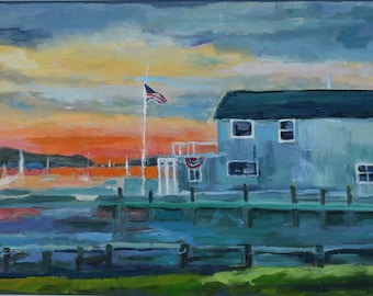 Seymour's Boatyard in Northport N.Y  Original Oil Painting On Stretched Canvas 10 x 20 Inches