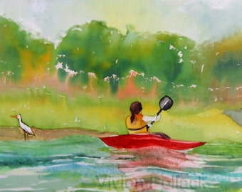 Kayaker and the Egret Print Of Silk Painting  Comes in 14 x 11 Mat, Ready to be Framed