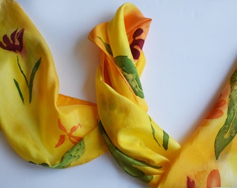Colorful Yellow Silk Scarf Hand-Painted, Long, Spring, Gift
