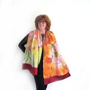 Silk Shawl, Or Wall Hanging,Hand-Painted Orange Burgundy Red, Floral, One Of A Kind image 4