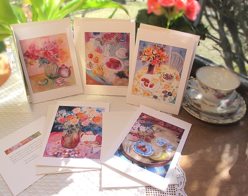 5 Blank Greeting Cards, Tea Lovers 5x7 Spring Tea image 1