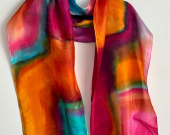 Colorful Hand- Painted Silk Scarf in Sunny Colors Abstract Design Long Scarf