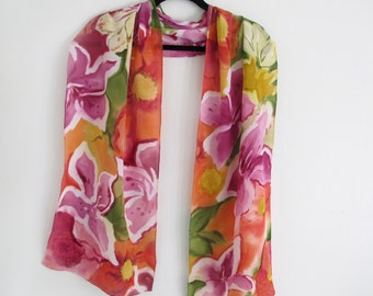 Sunny Crepe De Chine Floral Scarf, Hand- Painted, One of a Kind , Orange - Reds -Pinks, Long