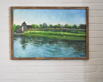 Original Large Oil Painting The Boathouse At Huntington's Coindre Hall 20 x 30 inches. Sold With Or Without Frame