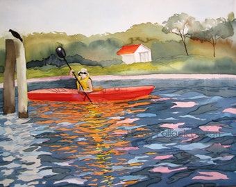 The Kayaker Print, Fine Art, Matted and Ready For Frame, Fits in 11x 14 Frame Opening