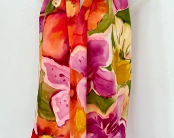 Hand-Painted Crepe De Chine Floral Scarf, One of a Kind