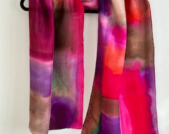 Colorful Squares Hand Painted Long Silk Scarf, Mothers Gift, Wide Scarf