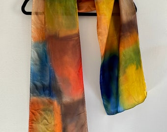 Hand-Painted Colorful Silk Scarf Earthy Chic Squares and Rectangular Shapes