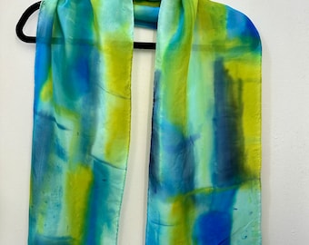 Hand -Painted Silk Scarf Blue, Lime Green, Navy