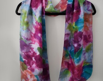 Pretty Floral Silk Scarf Hand-Painted Rosy-Pinks, Purple Jade, Blues and Green