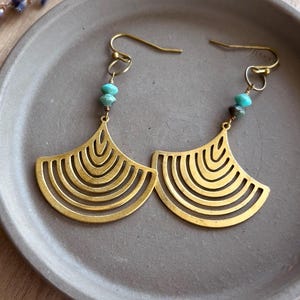 Brass Fan Earrings with Green Glass Beads--Handmade Boho Coastal Jewelry--Lightweight Statement Earrings