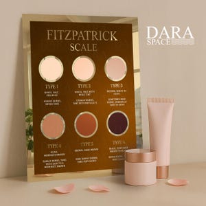 May include: A skincare product display featuring a Fitzpatrick Scale chart with skin tone examples and descriptions. The chart is accompanied by a pink jar, a tube, and scattered rose petals. The Dara Space logo is visible.