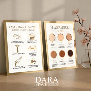 May include: Two framed informational posters with gold borders. One poster details laser hair removal before and aftercare, with icons and text. The other displays the Fitzpatrick Scale with skin tone examples. The Dara Space logo is at the bottom.