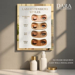 May include: A framed print featuring illustrations of different lash extension styles: Natural, Open, Cat, and Doll Eye. The print is displayed above white cosmetic bottles with gold lids. The text "LASH EXTENSIONS STYLES" is visible.