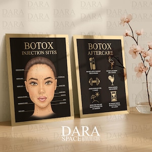Black Botox Sign Set – Injection Sites & Aftercare Chart, Aesthetic Room Wall Decor, Med Spa Treatment Signs