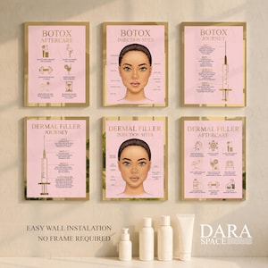 May include: Six framed wall art prints with gold borders. The prints include information on Botox and dermal filler procedures, including aftercare and injection sites. Below the prints are white cosmetic bottles and tubes.