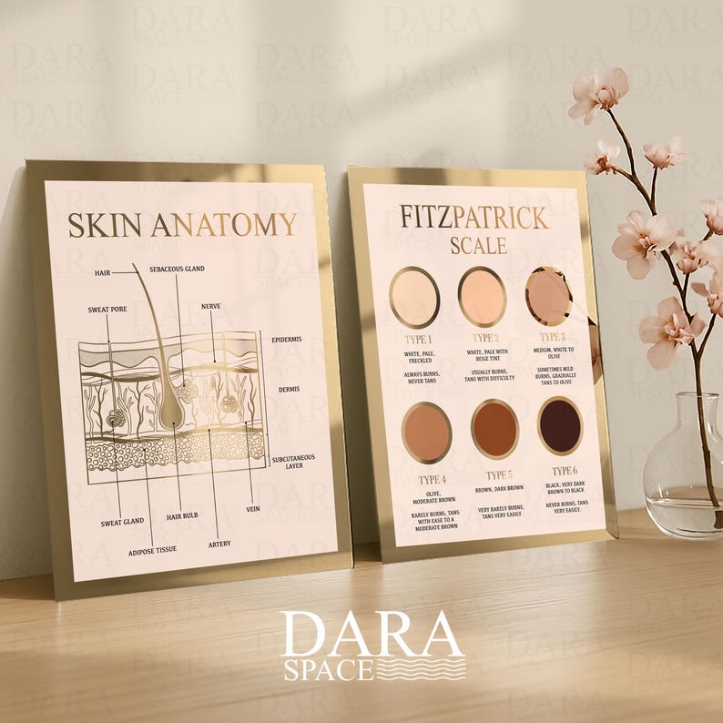 May include: Two framed prints with gold borders. One displays a diagram of skin anatomy, the other the Fitzpatrick Scale for skin types. The prints are on a light beige background with black text. The Dara Space logo is at the bottom.