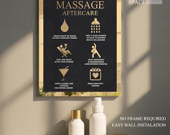 May include: A rectangular sign with a black background and gold text titled MASSAGE AFTERCARE. It features six gold icons with instructions: drink water, take a warm shower, rest, light movement, avoid alcohol and caffeine, and book your next session.