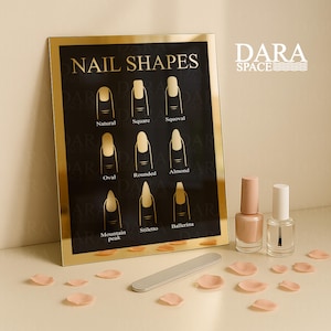 Op de afbeelding: Een zwart en goud omlijste print met nagelvormen, waaronder natuurlijk, vierkant en amandel. Twee nagellakflesjes, een nagelvijl en roze bloemblaadjes zijn in de buurt gerangschikt. De tekst "NAIL SHAPES" staat bovenaan.
