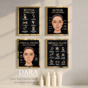 May include: Four framed wall art prints with gold frames. Two prints display "Botox" information, and two show "Dermal Filler" details. The prints feature illustrations and text on a black background. Below the prints are white cosmetic bottles and tubes.