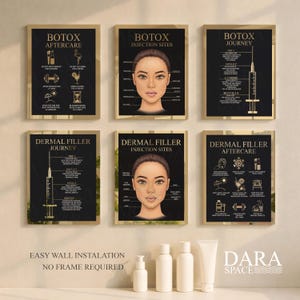 May include: Six framed informational posters with gold borders. The posters are black with gold text and illustrations, covering topics like Botox and Dermal Filler aftercare, injection sites, and the journey. Below the posters are white skincare products.