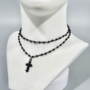 Unique Beaded Necklace with Delicate Gothic Cross. Exceptional Alternative Gothic Rosary Style Necklace with Shiny Black Beads.