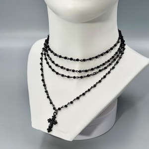 Exceptional Alternative Gothic Rosary Style Necklace with Shiny Black Beads. Unique Beaded Necklace with Delicate Gothic Cross.