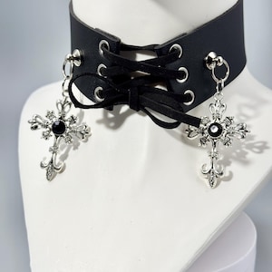 Back Punk Collar Necklace with Spikes Studs and Crosses. Alternative Choker Necklace Steampunk Punk Gothic Rock Alternative Cross