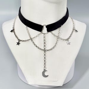 Alternative Moon and Stars Choker, Delicate Black Lace Choker with Chains, Alternative Style. Perfect Gift Idea.