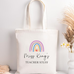 Custom Teacher Tote Bag, Teacher Name Gift Bag, Teacher Appreciation Gift Tote Bag, End of Year Teacher Gifts Bag, Rainbow Teacher Tote Bag