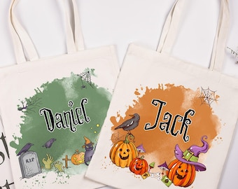 Personalized Halloween Tote Bag Customized Pumpkin Witch Black Cat Castle Skeleton Ghost Canvas Tote Bag for Trick or Treat Goodie Gift Bags