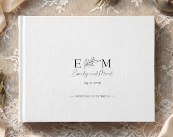 Personalized Wedding Guest Book, Custom Linen Guestbook with Initials, Elegant Botanical Wedding Keepsake, Names and Date Memory Book