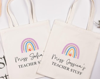 Custom Teacher Tote Bag, Teacher Name Gift Bag, Teacher Appreciation Gift Tote Bag, End of Year Teacher Gifts Bag, Rainbow Teacher Tote Bag