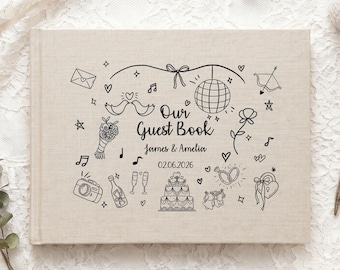 Personalized Wedding Guest Book, Fun Doodle Linen Guest Book, Custom Wedding Album with Names, Reception Guest Book for Couple