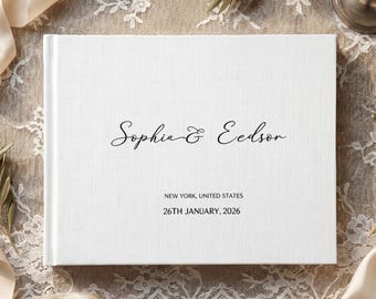 Personalized Linen Wedding Guest Book, Minimalist Guest Book with Names and Date, Custom Wedding Album, Elegant Reception Guest Book