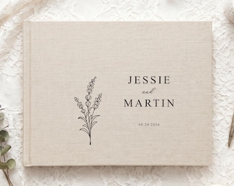 Personalized Wedding Guest Book, Custom Linen Guestbook with Names and Date, Floral Wedding Sign In Book, Botanical Wedding Keepsake