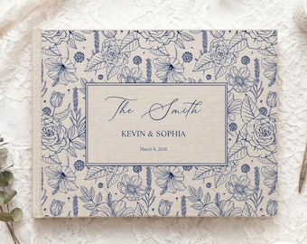 Personalized Wedding Photo Album, Custom Blue Floral Couple Album, Toile Wedding Keepsake, Anniversary Gift for Newlyweds