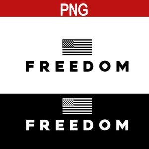 May include: A graphic design featuring the word "FREEDOM" in bold, black letters, with a black and white American flag above and below. The background is split horizontally, with white above and black below.