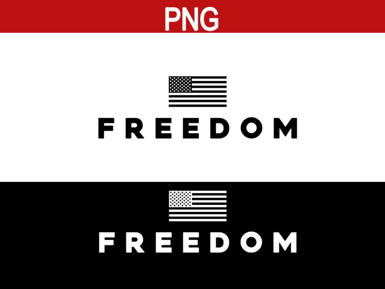 May include: A graphic design featuring the word "FREEDOM" in bold, black letters, with a black and white American flag above and below. The background is split horizontally, with white above and black below.