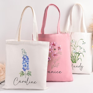 Birth Flower Tote Bag for Woman, Personalized Canvas Tote Bag for Her, Bachelorette Bridesmaid Gifts, Custom Birth Month Flower Gift for Her