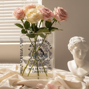 A Well-Read Woman Acrylic Book Vase,Stack of Books Bookshelf Decor,Book Reader Gifts,Literary Quote Book Vase, Dangerous Creature Vase Decor