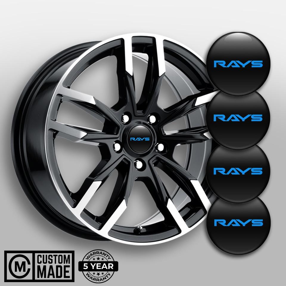 4x SET 3D Printed RAYS Center Hub Caps Domed Adhesive Sticker Sport Auto Car Logo Emblem Badge Custom Handmade Personalized Rim Wheel Decal