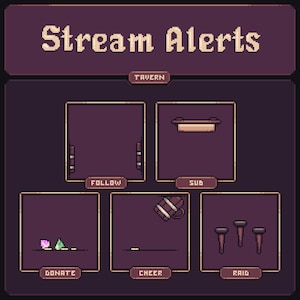 May include: Pixel art graphic with the text "Stream Alerts" in a vintage font. The image features several boxes with labels like "Follow," "Sub," "Donate," "Cheer," and "Raid," each with a corresponding icon.