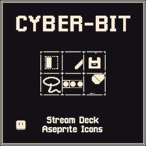 Puede incluir: Un gráfico negro con el texto "CYBER-BIT" en blanco, con fuente pixelada. Debajo, una cuadrícula de iconos pixelados blancos y el texto "Stream Deck Aseprite Icons". Un pequeño cuadrado blanco con una cara está en la esquina inferior izquierda.