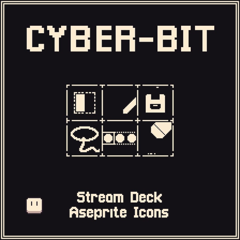 May include: Black graphic with the text "CYBER-BIT" in white pixelated font. Below, a grid of white pixelated icons is displayed. The text "Stream Deck Aseprite Icons" is below the icons. A small white pixelated icon is in the lower left corner.