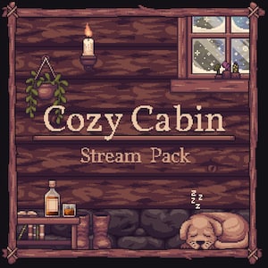 Peut inclure: Illustration en pixel art d'une scène de cabane douillette. L'image présente une bougie allumée, une fenêtre avec une vue enneigée et le texte "Cozy Cabin Stream Pack". Un chien endormi se repose près d'une étagère avec des livres, une bouteille et un verre.