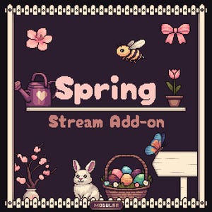 Op de afbeelding: Een pixelafbeelding met een paarse achtergrond met het woord 'Spring' boven 'Stream Add-on'. Het bevat een gieter, een bij, een konijn, een mand met eieren, bloemen, een vlinder, een roze strik en een leeg bord.